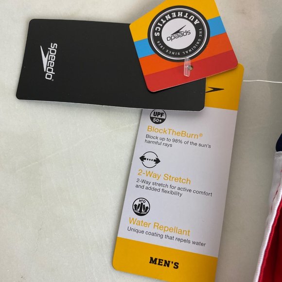 NWT Speedo Swim Trunks stretch, water repellant, UPF, red white blue, 4th july S - Picture 5 of 5